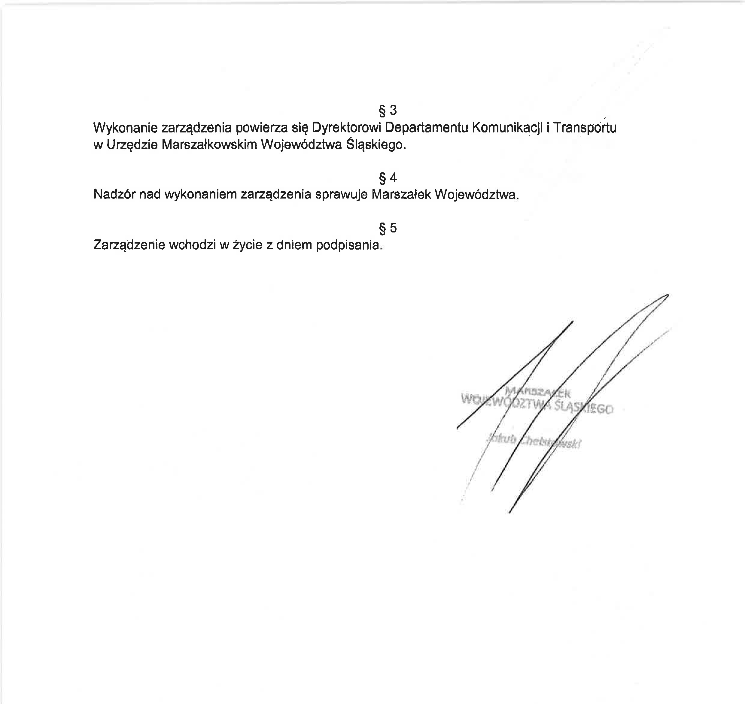 Druga strona zarządzenia podpisana przez Marszałka Województwa śląskiego