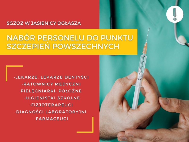 Plakat ogłaszający nabór do punktu szczepień powszechnych.