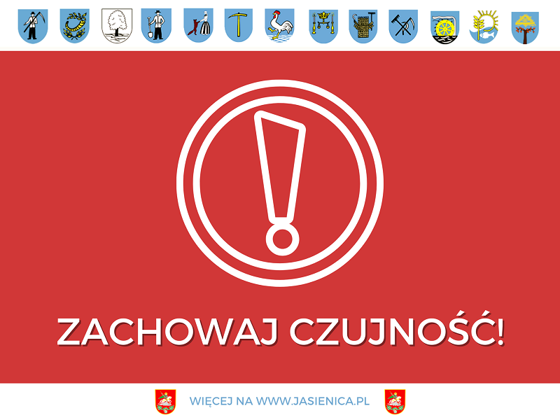 Plakat z herbami wszystkich sołectw w gminie Jasienica z napisem Zachowaj czujność!