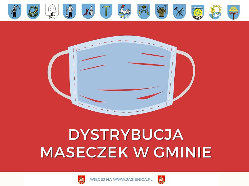 Plakat z herbami sołectw gminy Jasienica z informacją o dystrybucji maseczek.